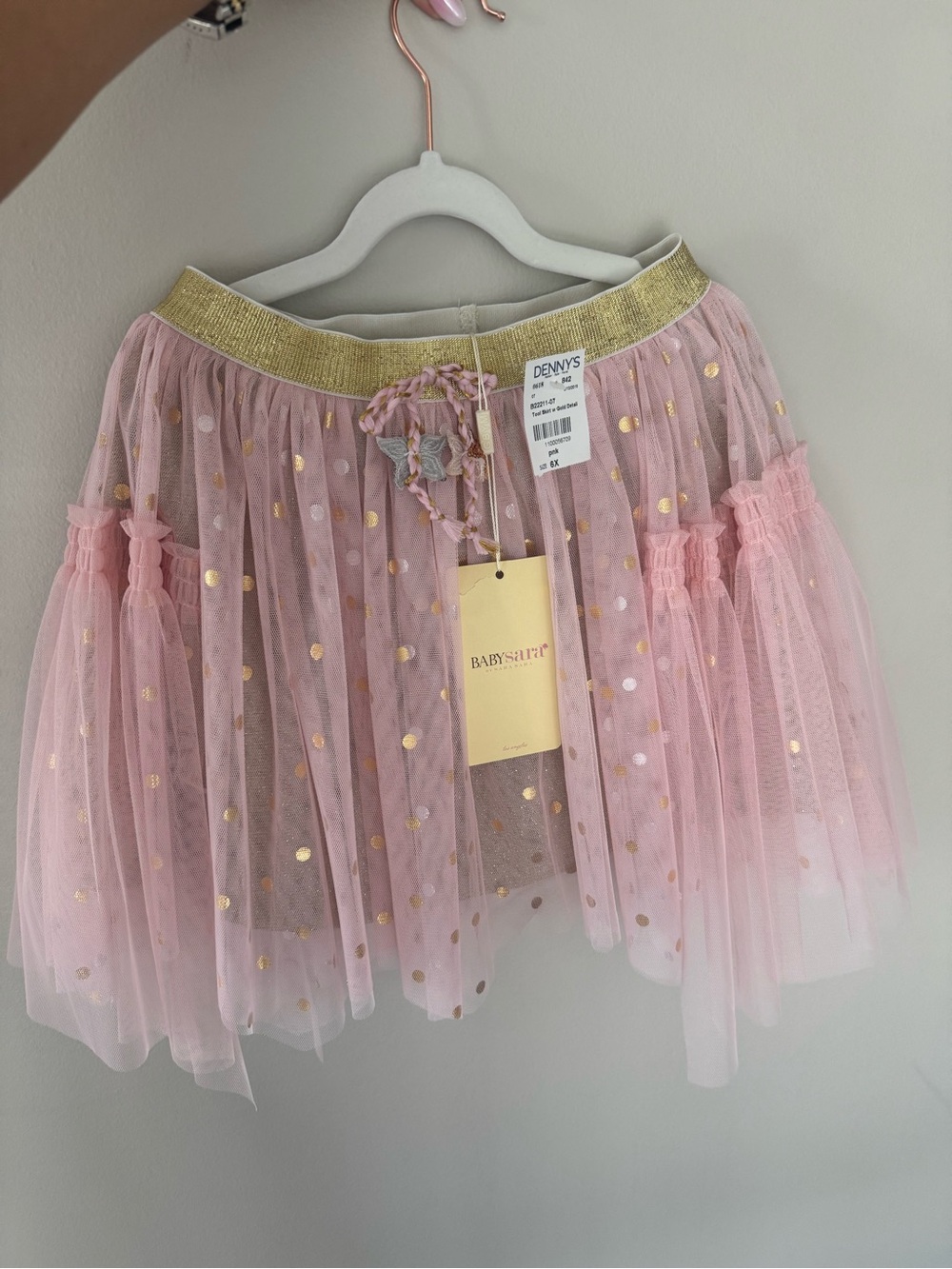 BABYSARA Pink Tulle Polka Dot Skirt with Gold Waistband